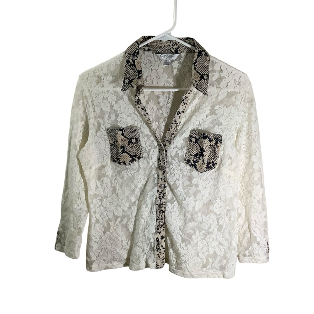 ConradC Collection Lace Button-Up Shirt with Snake Print Accents